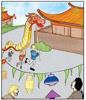 Un dragon géant porté par des enfants dans une rue, en Chine